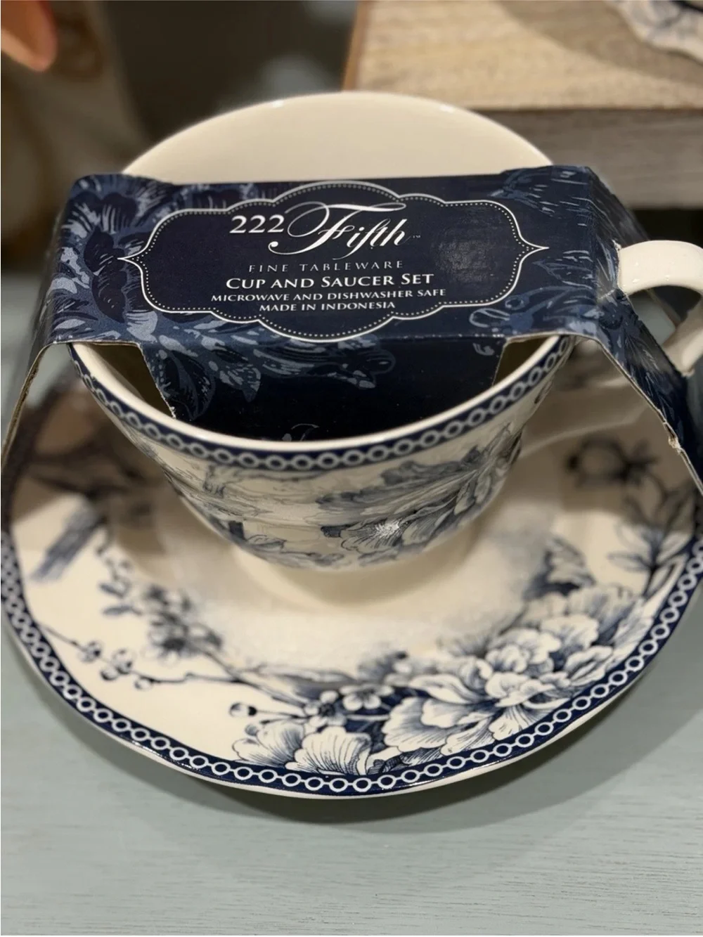 222 Fifth Adelaide Blue Porcelain Floral Birds Teacup & Saucer Set Of 2 New